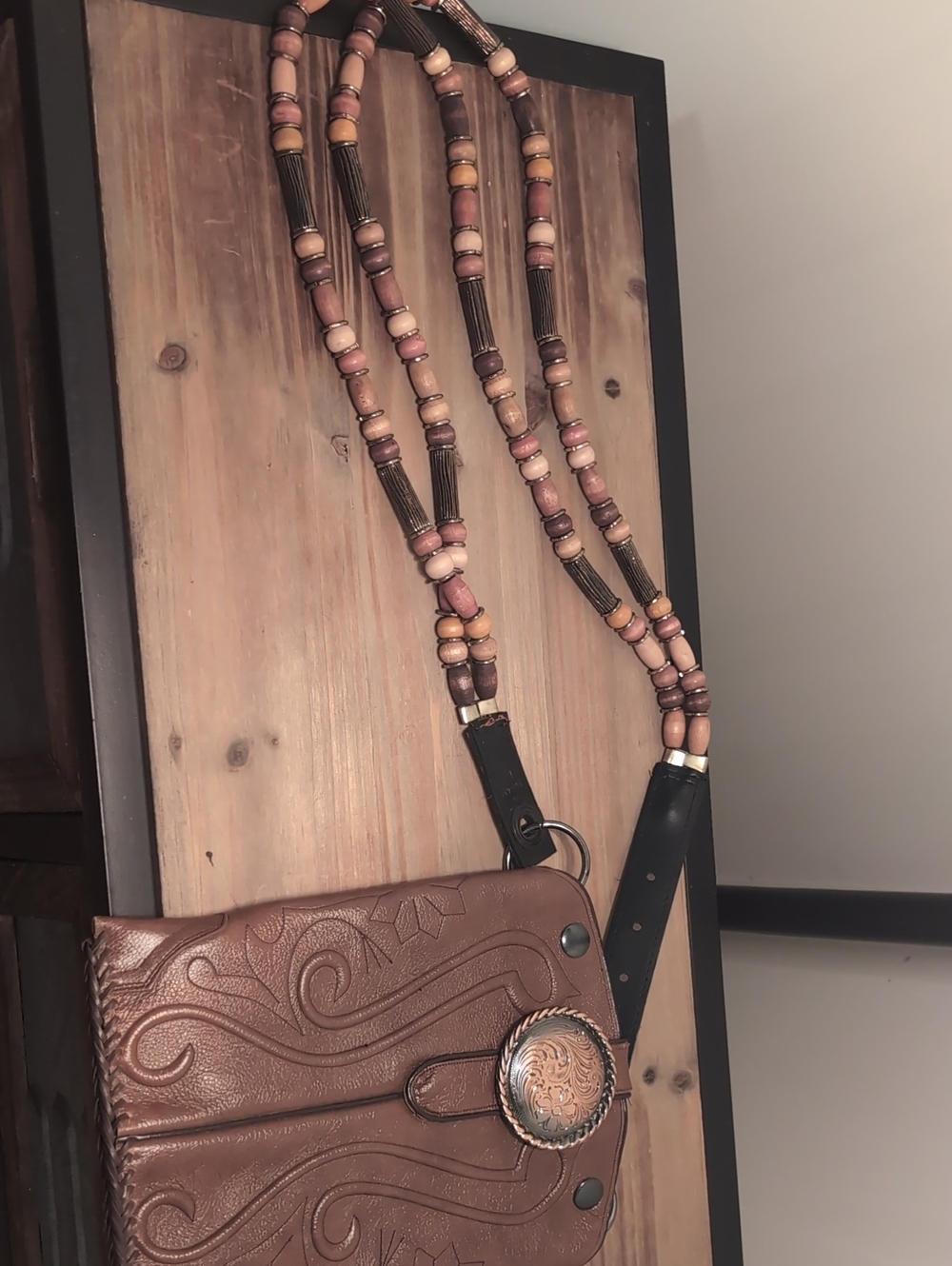 Cowboy Boot Top Brown Beaded Crossbody Bag with Beaded  Strap